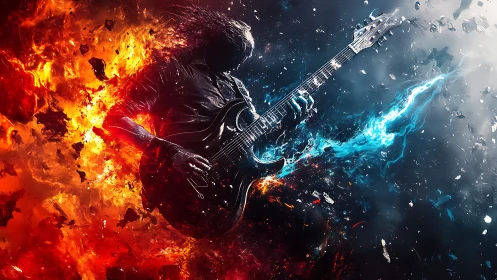 Silhouetted guitarist divides fiery and icy digital environment