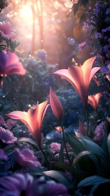 Luminous Floral Garden: Pink Lilies Beneath Radiant Golden Light.