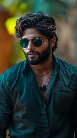 Man wearing sunglasses stands outdoors in shallow focus