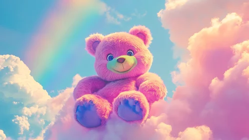 Pink teddy bear floating in pastel clouds beneath rainbow.