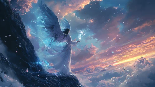 Celestial winged figure commands luminous sky at twilight