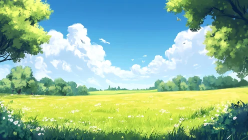 Sunlit summer meadow stretches beneath towering cumulus clouds