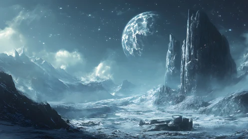 Frozen alien landscape with towering icy monoliths.