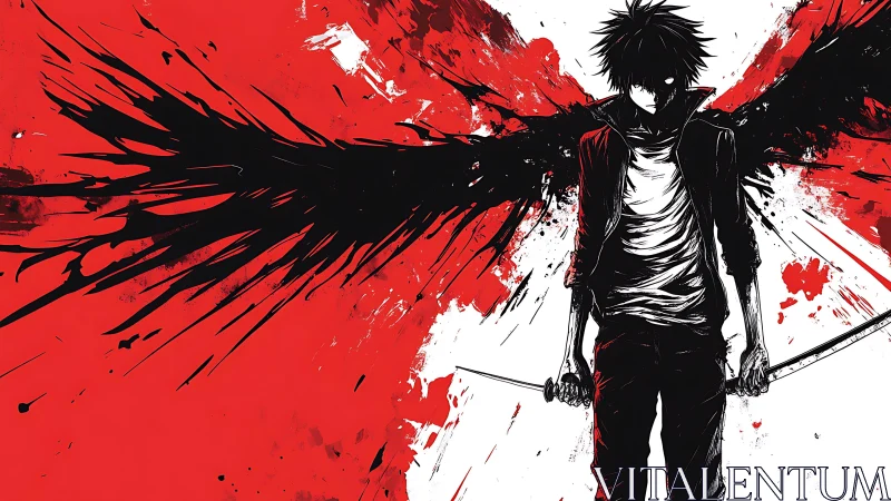 Dark-winged swordsman stands amid red splatter chaos.