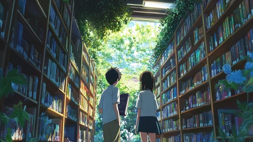 Sunlit library aisle where two kids browse hidden worlds.