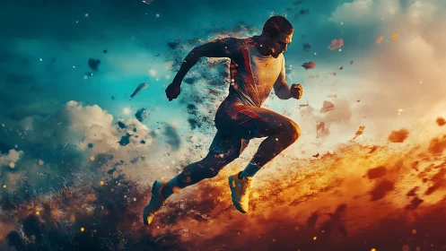 Male runner sprints through cinematic explosion of dust and light