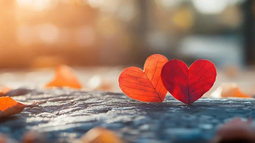 Two translucent red heart-shaped leaves on wet stone surface with warm sunlight