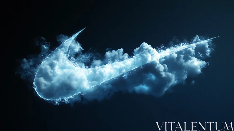 Cloud-forged swoosh emblem in luminous blue atmosphere.