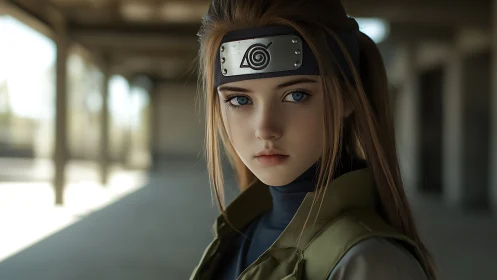 Young kunoichi portrait with focused gaze in soft light