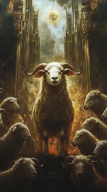 Regal horned ram stands amid flock in fiery ruins.