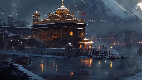 Golden shrine aglow in snowfall beside a mirror-still lake.