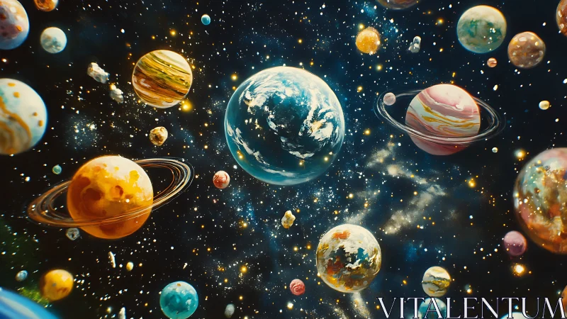 Planet carnival swirling through a glitter-splashed cosmos.