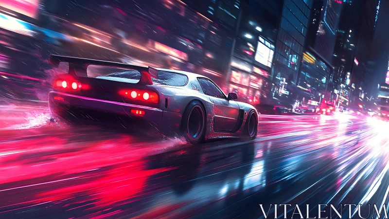 Neon street racer drifts through wet cyberpunk city night.