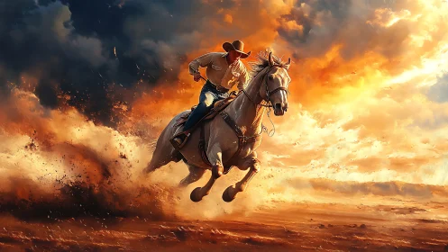 Wild-hearted cowboy rides into a blazing sunset sky