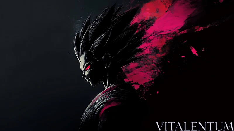 Stylized anime warrior profile with abstract crimson energy field.