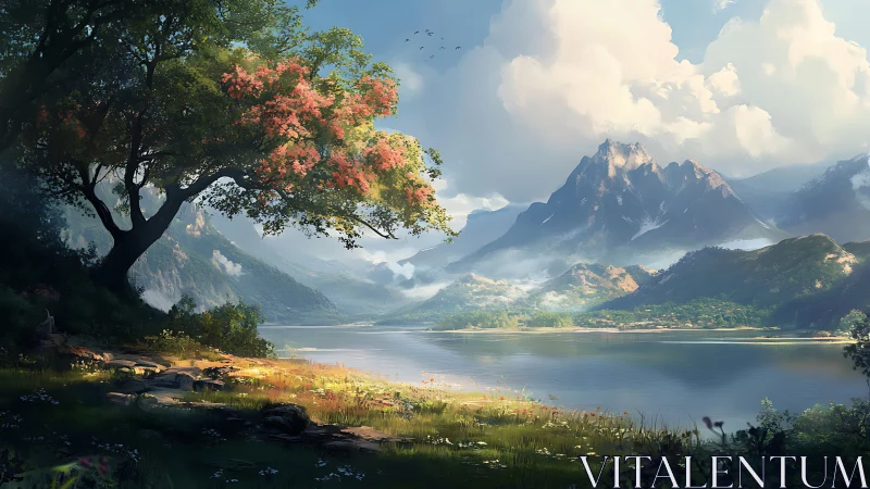 Mountain lake landscape shows large tree and distant village