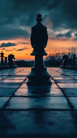 Sunset strategy with a lone king on a quiet chessboard.