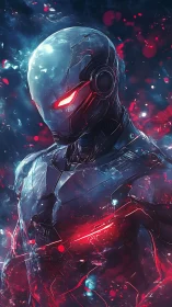 Neon-lit cybernetic warrior stands calm in swirling cosmic light