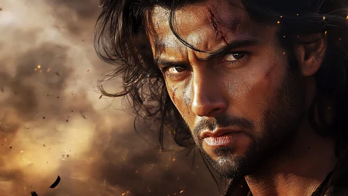 Intense warrior close-up with scars and burning embers.