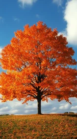 Solitary deciduous tree with orange foliage on open hilltop.