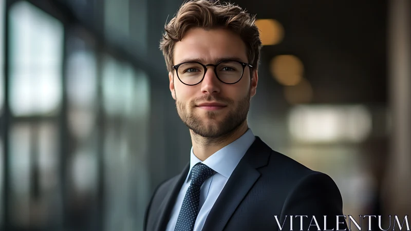 Sharp-suited young professional in softly glowing corridor.