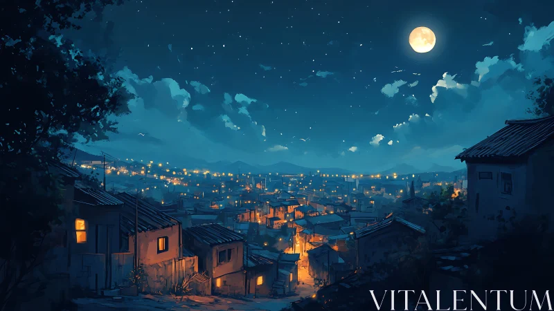 Luminous hillside settlement under stratified nocturnal sky.