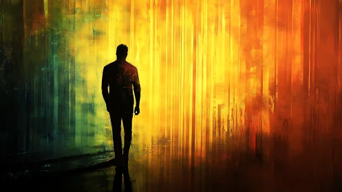 Silhouetted wanderer crossing vivid abstract light field.