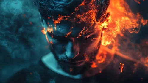 Flames crown a brooding mind in neon smoke-lit silence