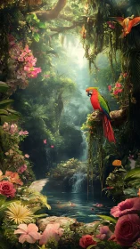 Parrot sentinel above a secret flower-drowned jungle pool.