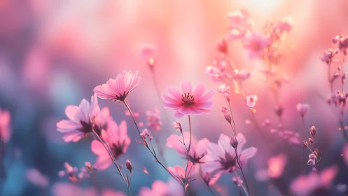 Pink cosmos flowers in soft-focus dreamscape.