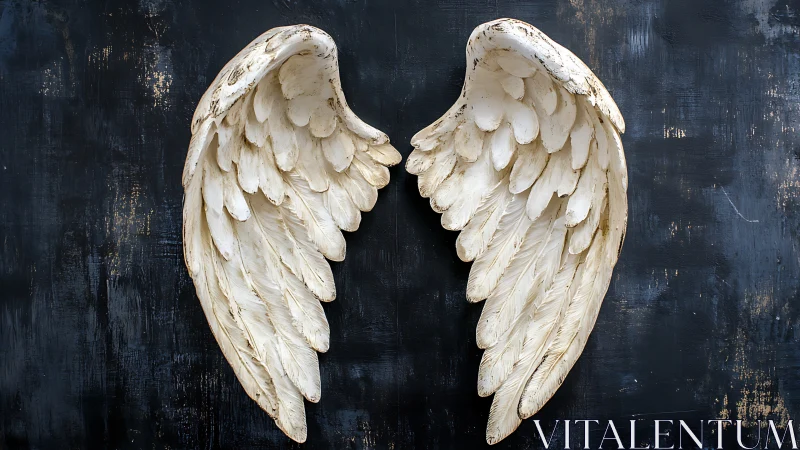 Weathered angel wings poised against midnight brushstrokes.