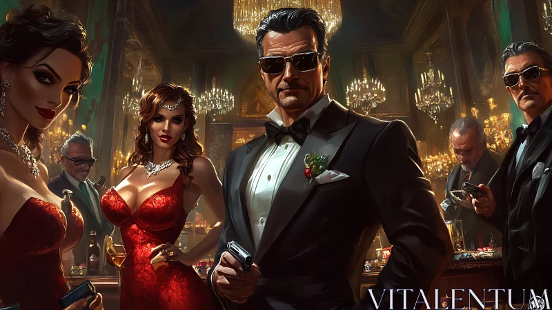 Armed tuxedoed mob boss with entourage in gilded chandelier ballroom