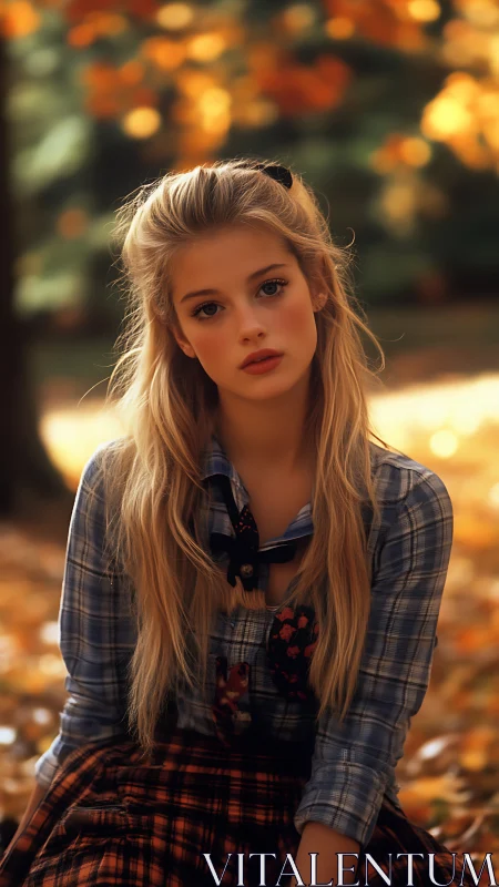 Autumn portrait of blonde girl in plaid with cinematic bokeh