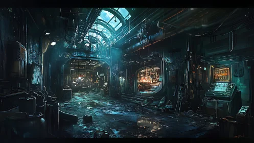 Neon soaked starship corridor hums with secret circuitry.