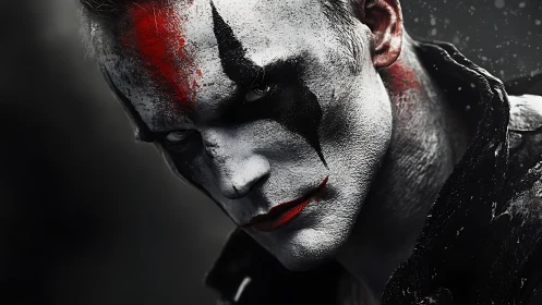 Intense male portrait with sinister clown face paint.