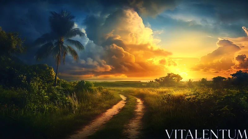 Stormlit jungle path dissolves into a blazing painted sunset.