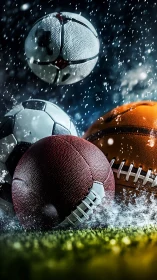 Multiple sports balls collide in dramatic stadium floodlights