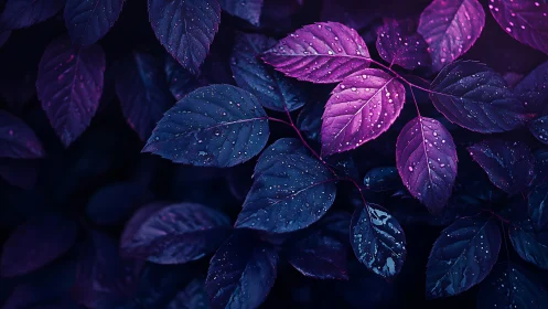 Ultraviolet-tinted raindrop foliage under low key lighting