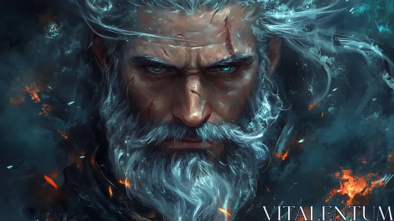 Storm-lit elder warrior portrait renders fierce elemental gaze