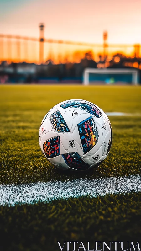 Match ball rests on bright touchline under sunset sky.