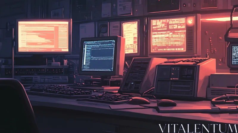 Cyberpunk terminal array in neon-lit retro control studio.