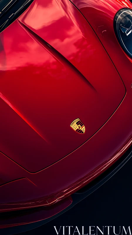 Crimson Porsche hood glows like polished thunder at dusk.