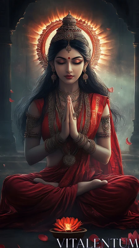 Serene Hindu goddess figure in red sari, meditating calmly.