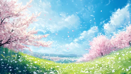 Spring hillside with pink cherry trees and blue sky scene