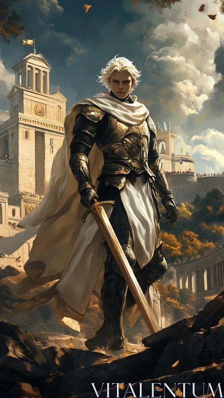 Sunlit warlord steadies a golden citadel on his blade