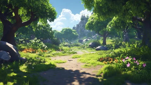 Sunlit Path Winds Through Ancient Forest Canopy