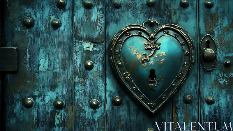 Ornamental heart-shaped keyhole features patina'd turquoise door.