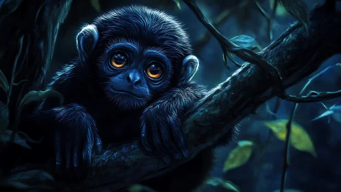 Young monkey on branch in dim blue forest lighting.