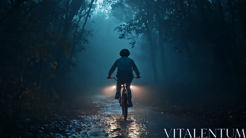 Lone Cyclist Ventures Through a Mystical Moonlit Forest Trail