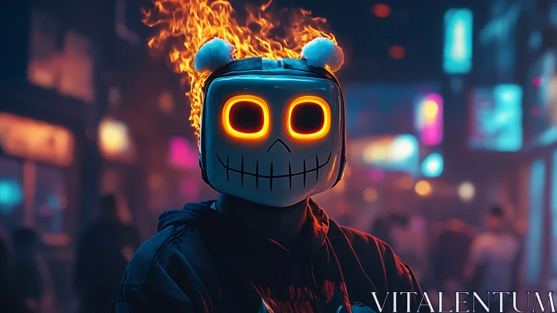 Neon skull mask glows warmly against a hazy city nightlife